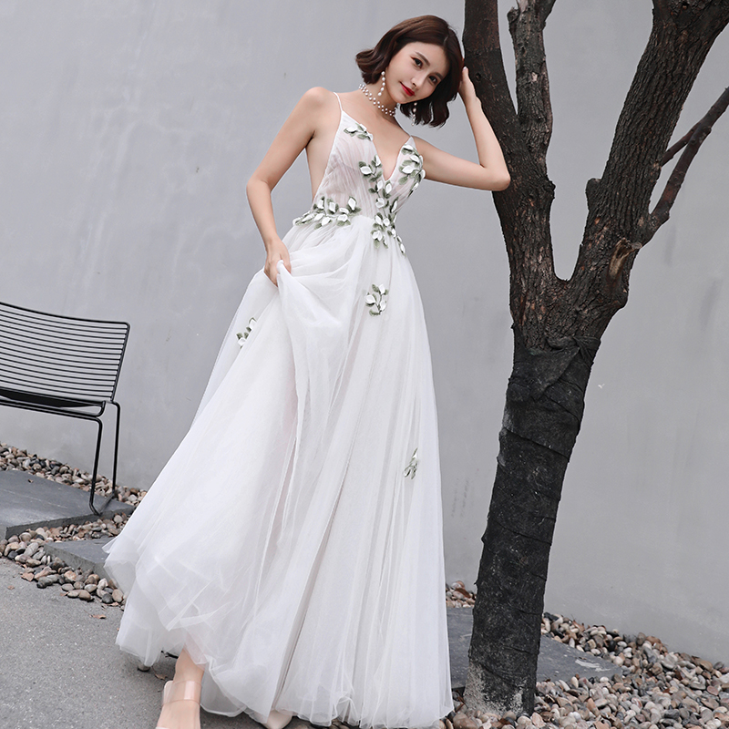 White v neck tulle applique long prom dress, evening dress