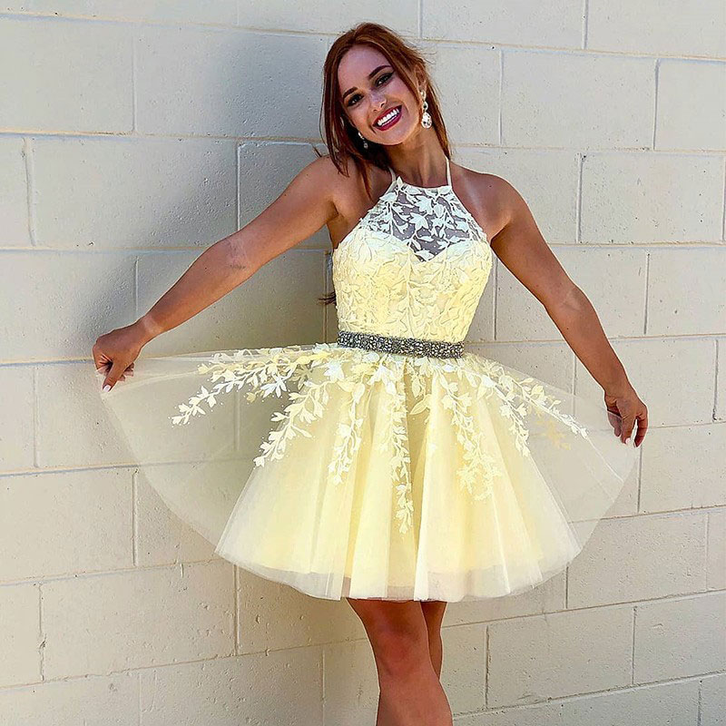 Cute yellow lace short prom dress, homecoming dress
