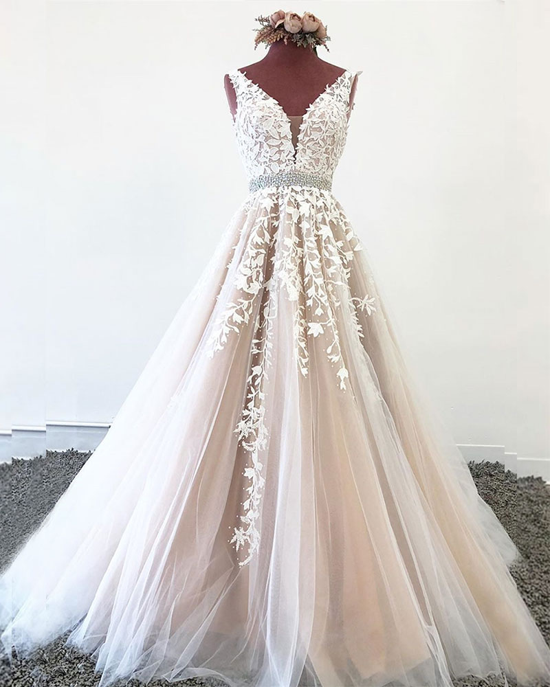 Champagne tulle lace long v neck prom dress, evening dress