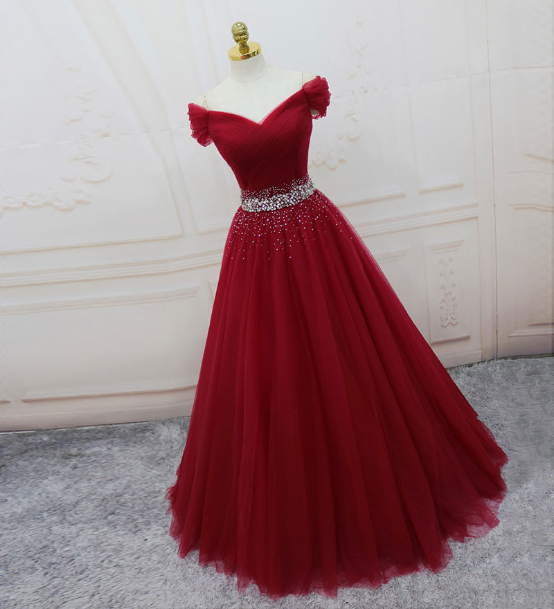 Burgundy tulle beads long prom dress, evening dress