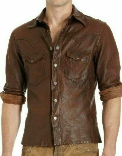Men's Leather Shirt Genuine Lambskin Vintage Jacket Biker