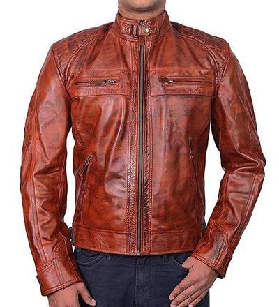 Mens Retro Cafe Racer Vintage Distressed Motorcycle Tan Leather Biker Jacket