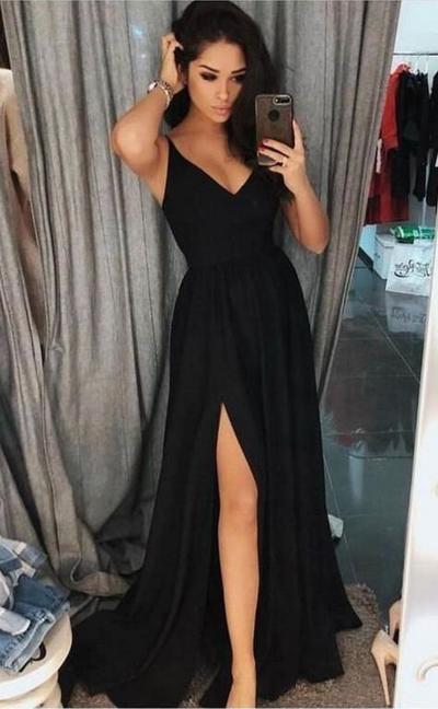 Fashion Simple Black Prom Dress V Neck Long Formal Dress 2019