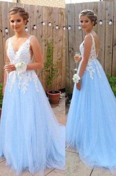 2019 V Neck Tulle Long Light Blue Prom Dress With Applique