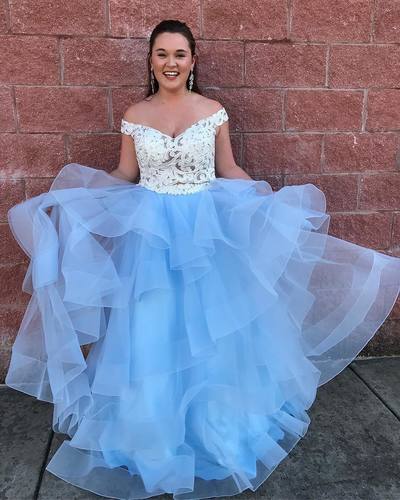Off Shoulder White and Blue Long Prom Dress,141