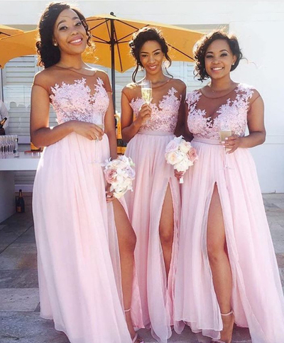 Lace Appliqued Sexy Mismatched Bridesmaid Dresses,Pink Bridesmaid Dresses,Long Bridesmaid Dresses with Slit,160