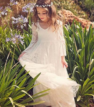 V Neck Lace White Flower Girl Dresses for Wedding Party