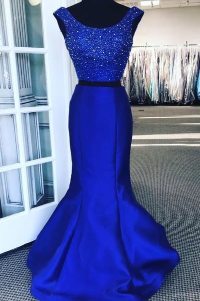 Two Piece Royal Blue Mermaid Prom Dresses with Beaded