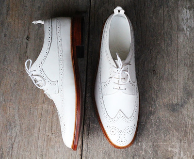 Handmade White Color Leather Men's Lace Up Wing Tip Brogue Stylish Shoes