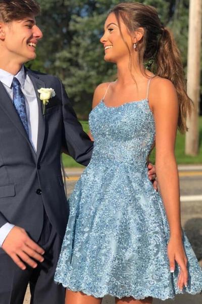 Cute Spaghetti Straps A-line Lace Short Homecoming Dresses, Short Prom Dress