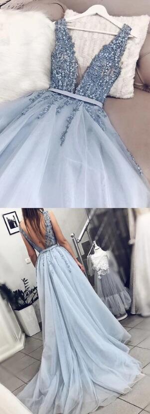 Mermaid V Neck Open Back Tulle Beaded Senior Prom Dress,Sexy Evening Dress