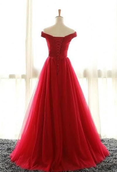 Off Shoulder Red v neck tulle long prom dress, a line evening dress