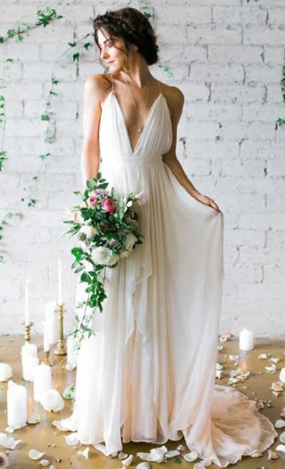 Simple A Line Deep V-neck Sweep Train Ivory Wedding Dresses ,Bridal Gown