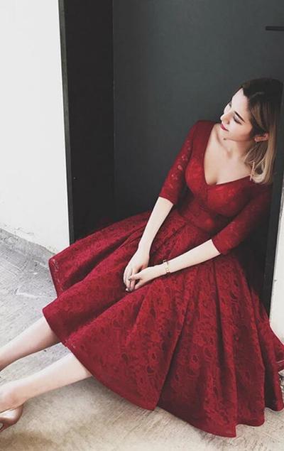 Beauty Half Sleeves V Neck Burgundy Lace Short Prom Dress,Homecoming Dress