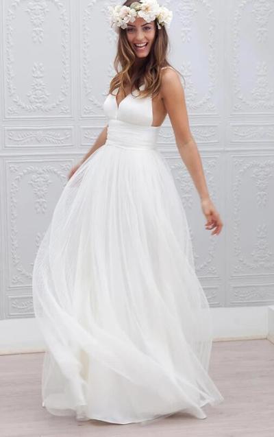 Simple A Line V-neck Floor-Length Tulle Wedding Dress