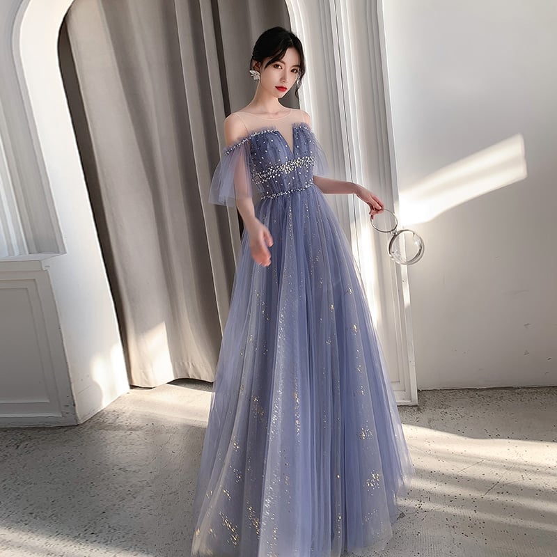 Stylish blue tulle long prom dress, blue evening dress
