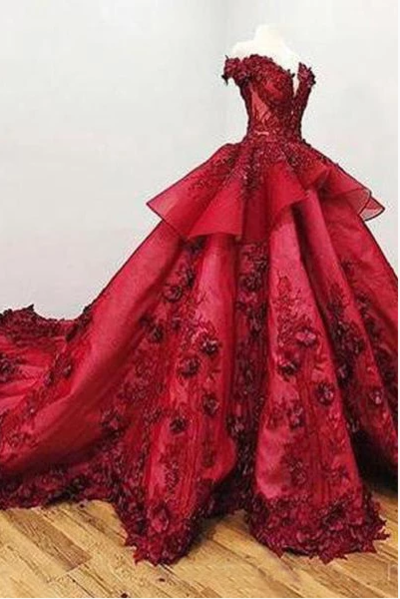 2019 Chic Ball Gown V Neck Beads Appliques Red Off-the-Shoulder Long Prom Dresses,177