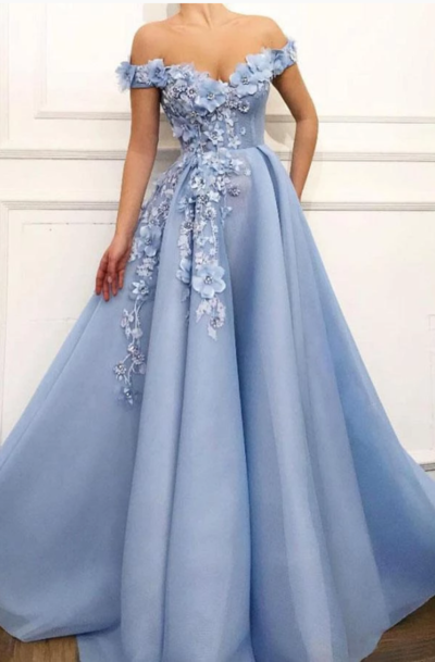 A Line Blue Off the Shoulder Tulle Lace Sweetheart 3D Flowers Prom Dresses,Formal Dress,186