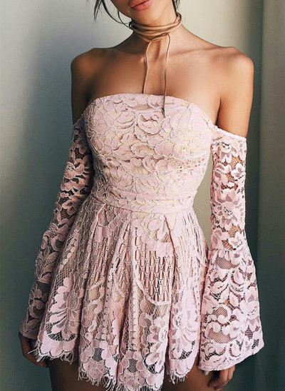 Hot Sale Blush Pink Lace Homecoming Dresses,Off The Shoulder Long Sleeves Mini Graduation Dresses Party Dresses,194