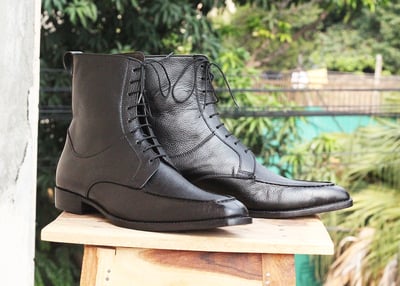 Black Leather ankle high boots men's Lace up dress boots