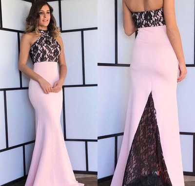 Halter Mermaid Pink Bridesmaid Dresses with Lace