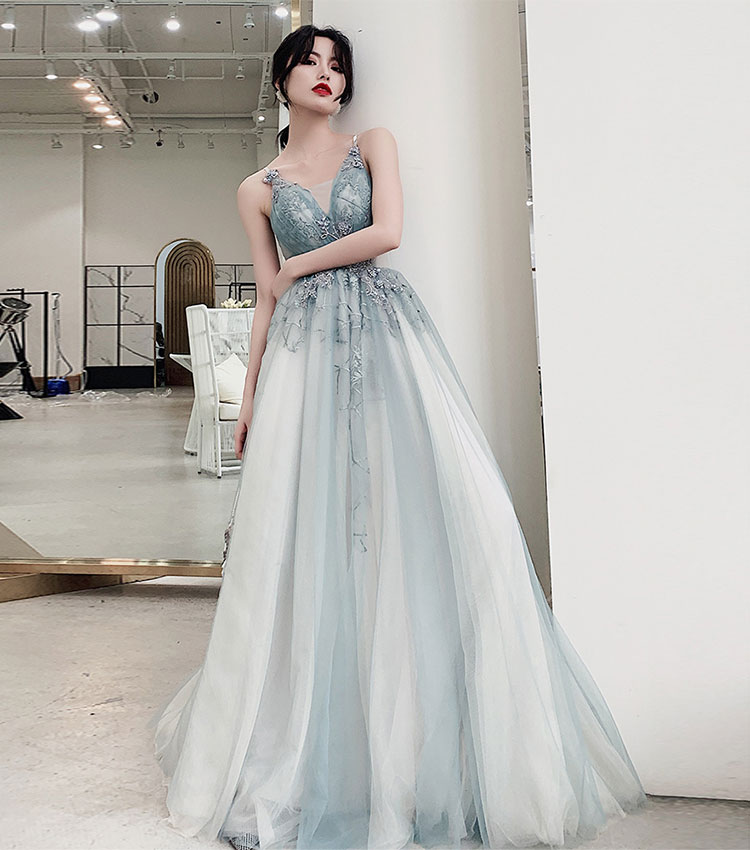 Stylish blue v neck tulle long prom dress, evening dress