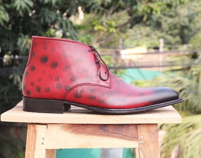Handmade Leather Chukka 2 Tone Burgundy Black Ankle Lace Up Boots for Men's