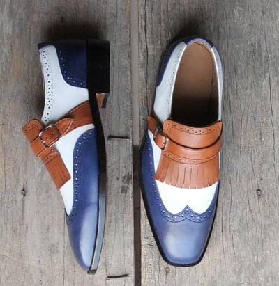 Handmade Men's Blue White Brown Leather Fringe Slip On Loafers Wing Tip shoes