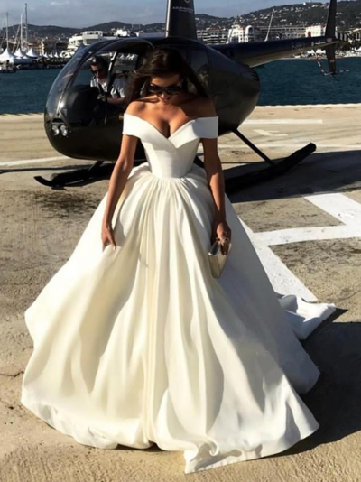 Off The Shoulder V-neck Satin Ball Gown Wedding Dresses