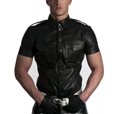 Men's Leather Shirt Genuine Police Uniform Black Jacket Biker