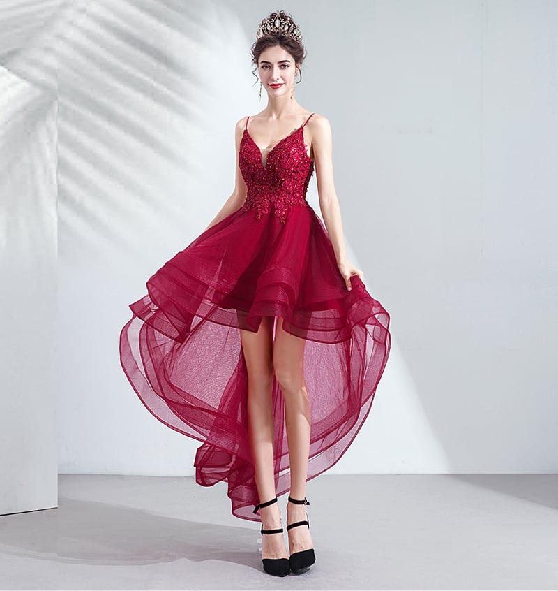 Cute v neck lace high low prom dress, cocktail dress