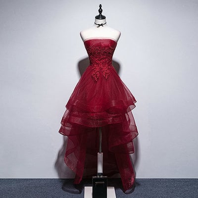 Burgundy tulle lace high low prom dress, evening dress - Thumbnail 5