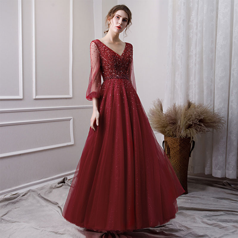 Sparkling burgundy v neck long prom dress, evening dress