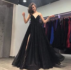 Spaghetti Straps Black Split Side Long Prom Dresses