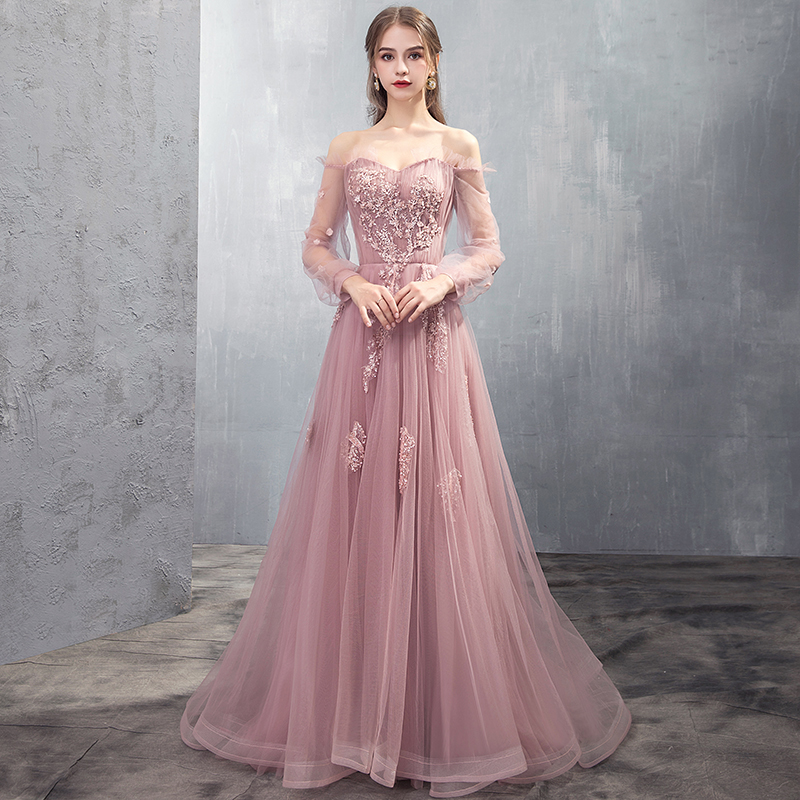 Pink lace tulle long prom dress, long sleeve dress
