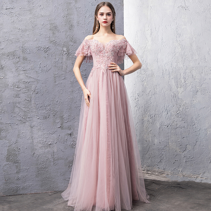 Cute pink tulle lace long prom dress, evening dress