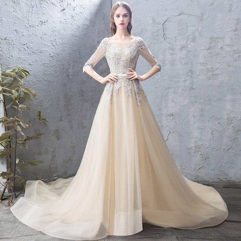 Champagne tulle lace long prom dress, evening dress