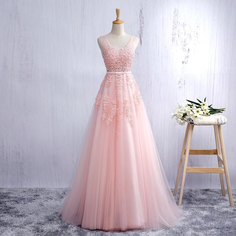 Pink v neck tulle lace long prom dress