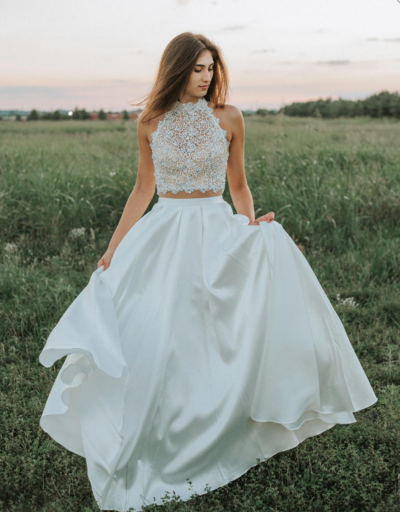 Charming A Line White Long Two Piece Wedding Dresses,Prom Gown