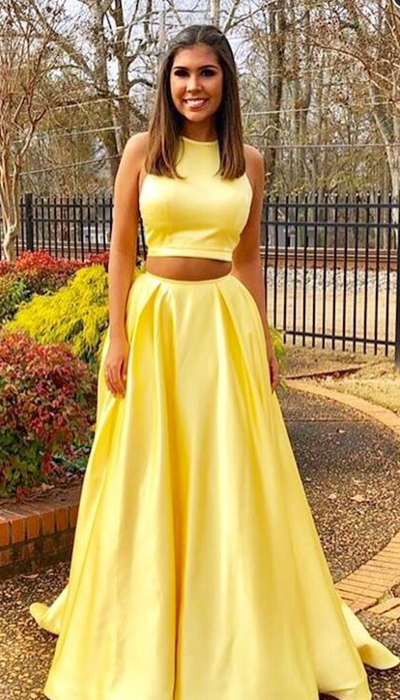 Simple A Line Long Two Piece Long Prom Dress with Pockets