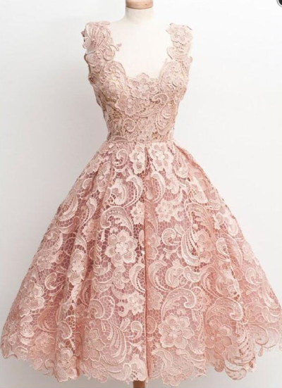A Line Blush Pink Lace homecoming dress,Tea Length Prom Dress