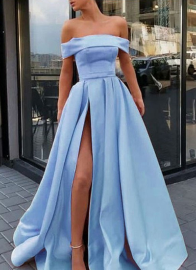 Off-the-Shoulder Sleeveless A-Line/Princess Satin Long Prom Dresses