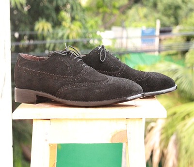 Men's Black Suede Oxford Handmade Lace Up Wing tip Brogue Shoes