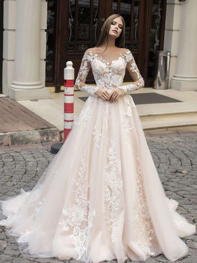 Elegant Scoop Neck Champagne Long Sleeves Wedding Dresses, Lace & Appliques Wedding Dresses