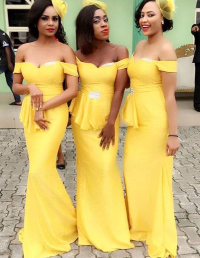 Off the Shoulder Yellow Bridesmaid Dresses with Beaded
