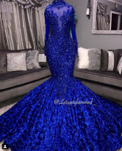 Royal Blue Lace Mermaid Prom Dresses Long Sleeve 3 D Floral Flowers Court Train Party Gowns For Black Girls,220