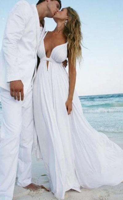 Sexy Simple Casual V Neck White Chiffon Wedding Dresses Prom Dress
