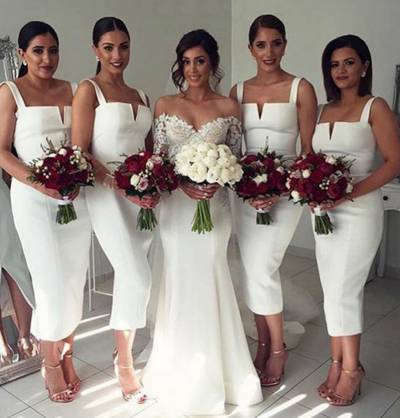 Simple V Neck Tea Length Sexy Bridesmaid Dresses white prom dress