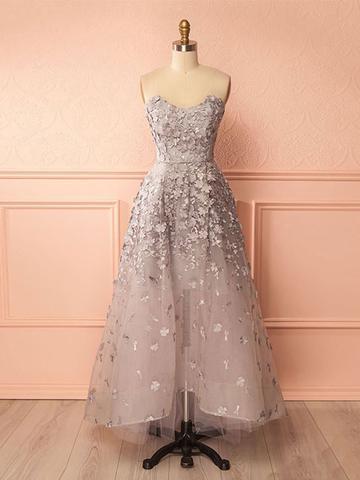Silver Evening Dresses, Prom Dress, Evening Dresses A-Line, High Low Evening Dresses,228