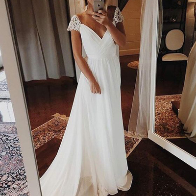 Simple a-line v neck cap sleeve white chiffon beach wedding dresses with lace,bohe bridal dresses - Thumbnail 4